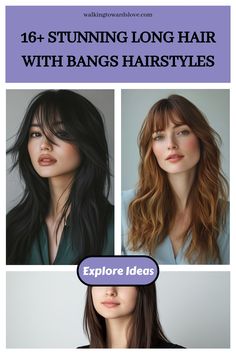 Three women showcasing different long hairstyles with bangs.