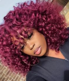 Red Hair On Black Women, Faux Bangs, Dyed Curly Hair, Red Curly Hair, Perm Rods, Colored Curly Hair, Dyed Natural Hair, Human Virgin Hair, Burgundy Hair