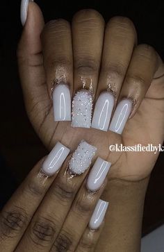 White Color Nails Acrylic, Short White Nail Inspiration, Short White Nail With Diamonds, Acrylic Nails White With Gems, Nail Designs With White Acrylic, White Powder Nails With Diamonds, Short White Square Acrylic Nails With Rhinestones, Squared Acrylics Long, White Nail Acrylic Ideas