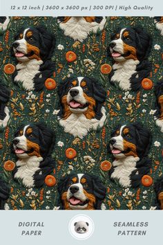 Charming seamless digital paper featuring detailed Bernese Mountain Dog portraits with vibrant floral embroidery on a rich green background. Perfect for sublimation projects like custom fabric, throw pillows, tote bags, or pet-themed decor. High-quality printable design (12x12 inch, 300 DPI) ideal for crafting unique wallpapers, wrapping paper, or stationery. Bring personality to your scrapbooking, DIY journals, or personalized gifts. A stunning choice for dog enthusiasts and nature lovers looking to create elegant, yet playful designs with a touch of rustic charm