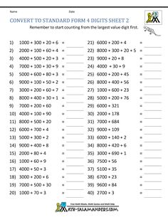 the printable worksheet for adding to standard form 4 digits in one sheet