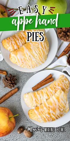 easy apple hand pies on white plates with cinnamon and apples in the background, text overlay reads easy apple hand pies