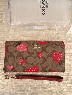 Coach Strawberry Wallet, Strawberry Wallet, Strawberry Soda, Wild Strawberry, Wild Strawberries, Strawberry Print, Signature Canvas, Just Girl Things, Wrist Strap