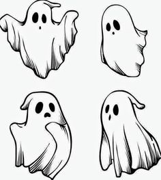 four ghost faces drawn in black and white