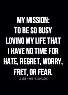 my mission: to be so busy loving my life that i have no time for hate, regret, worry, fret, or fear. No Time, Happy Quotes, Cool Words