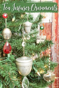 a christmas tree with ornaments hanging from it's branches and the words teahouse ornaments on