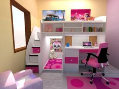 a child's bedroom with pink and white furniture, carpeted flooring and walls