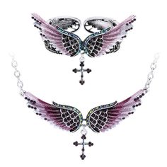 Buy 2PCS Angel Wing Pendant Necklace & Bracelet Jewelry Set - by Lucid Fantasy - $37 lf-jewelry.com/44j4Flm Angel Wings Jewelry, Cross Choker, Crystal Angel, Wing Jewelry, Bracelet Sets, Cuff Bracelets Handmade, Biker Jewelry, Angel Wing Pendant, Choker Pendant