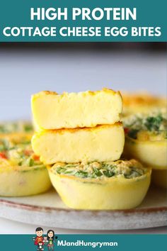 high protein cottage cheese egg bites on a plate with text overlay that reads, high protein cottage cheese eggs