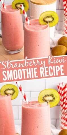 strawberry kiwi smoothie recipe in two glasses with strawberries and kiwi slices