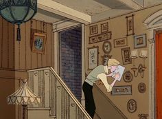 an animated image of a man walking up the stairs in a house with pictures on the walls