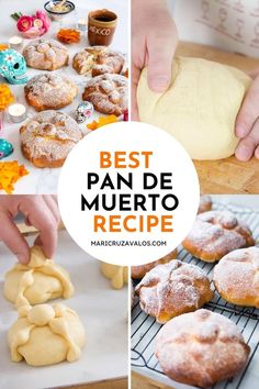 A collage with 4 photos of the preparation of pan de muerto. Dead Bread Recipe, Bread Of The Dead, Mexican Sweet Breads, Mexican Bread, Mexican Dessert, Hispanic Food, Mexican Food Recipes Easy, Bread Recipes Sweet