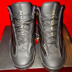 Black And Gold -New In Box -Never Worn Classic Black Jordan Shoes With Rubber Sole, Classic Black High-top Jordan Shoes, Classic Black Leather Jordan Shoes, Classic Black Lace-up Jordan Shoes, Black High-top Jordan Shoes With Branded Heel Counter, Black High-top Jordan Shoes With Branded Heel, Shoes Jordan, Jordan Black, Strong Colors