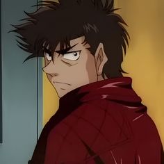 an anime character with black hair wearing a red jacket and looking at something in the distance