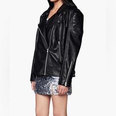 Bardot Oversize Faux Black Leather Biker Jacket Women’s M/L 6-8 New Without Tags. Zipper Details At The Sleeves Enhance The Moto Edge Of This Must-Have Faux-Leather Jacket Updated With A Chic, Oversized Silhouette. 25" Length Notched Lapels 55% Polyester, 45% Cotton With 100% Polyurethane Coating Hand Wash, Line Dry Punk Biker Jacket For Winter Night Out, Punk Biker Jacket For Night Out In Winter, Edgy Winter Biker Jacket For Night Out, Edgy Biker Jacket For Winter Nights, Edgy Biker Jacket For Night Out In Winter, Winter Biker Jacket For Night Out, Fall Punk Outerwear For Night Out, Spring Punk Biker Jacket For Night Out, Punk Style Outerwear For Night Out In Fall