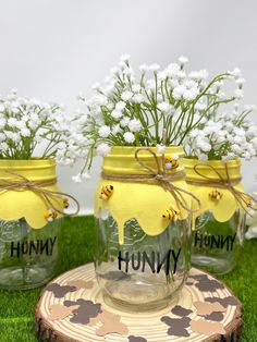 three mason jars with flowers in them sitting on the grass