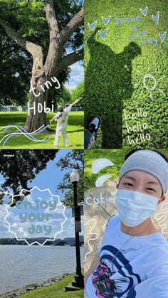 a collage of photos with trees, grass and people wearing face masks in the park