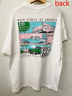 "Brand: Vintage 1990 get your kicks on route 66 Size: XL Made In USA Measurements are taken with the garment laying flat. Chest width: 23\" Body Length : 30\" Condition: Pre-owned 8.5/10 Material: 100% Cotton Comment Sleeve Short more than normal No refund. -Payment : accept paypal only -Shipping : to shipping worldwide by registered airmail (small package) Thai post registered. receiving the item within 7-30 business days non sat-sunday working after payment cleared (some case in Australia/ital Vintage Tshirt Design, Vintage Tee, T-shirt Print Design, Design T Shirt, Graphic Tees Vintage, Shirt Print Design, Tour Shirt, Route 66