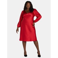 Gorgeous and glam, this Women's Plus Size Long Sleeve Peplum Dress from Nine.Eight will have you covered for any occasion. This pullover dress is crafted in a soft satin fabric that has a beautiful drape and features a flattering V-neck and a V-back with ties that adds just the right amount of drama. The long sleeves end in an elasticized bracelet cuff and peplum styling give a lovely feminine shape. Pair with your favorite heels or flats and you are all set. Only at Walmart. Size: 4X.  Color: Red.  Gender: female.  Age Group: adult. Plus Size Summer Dresses, Loose Maxi Dress, Peplum Styling, Long Sleeve Casual Dress, Sleeveless Dress Summer, Long Dress Casual, Eyelet Dress, Satin Midi Dress, Junior Dresses