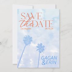 save the date card with two palm trees in front of a blue sky and clouds