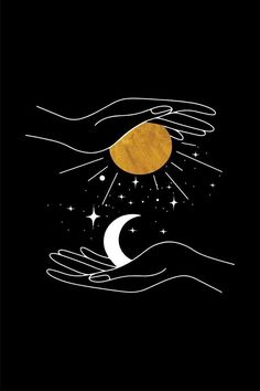 two hands are holding the moon and stars