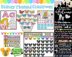 the disney themed classroom poster is displayed in different colors and styles, including black, white,