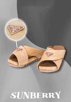 a pair of sandals with the word sunbery on it and an image of a badge