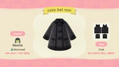 an animal crossing character is wearing a black raincoat and it's name says cozy bat noir