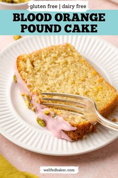 A slice of gluten free blood orange pound cake on a small serving plate. Pound Cake Gluten Free, Gluten Free Pound Cake, Dessert Loaf, Orange Pound Cake, Orange Icing, Pink Blood, Easy Gluten Free Desserts