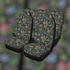 the seat covers are designed to look like they have flowers on them and green leaves