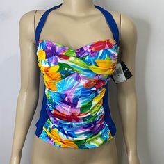 La Blanca Women’s Halter Tankini Swimsuit Top Size 10 Multicolor Tankini For Pool, Multicolor One-piece Tankini For Spring, Fitted Tropical Printed Tankini, Fitted Multicolor Lined Swimwear, Fitted Beach Tops With Lined Body, Spring Tropical Fitted Tankini, Beach Fitted Tops With Lined Body, Multicolor Sleeveless Lined Tankini, Fitted Multicolor Floral Print Tankini