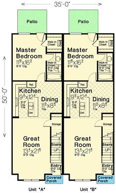 the floor plan for a two story apartment with three bedroom and an attached kitchen area