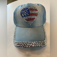 With The Flag Bedazzled Hat, The Flag, Blue And Silver, Fashion Inspo, Women Accessories, Flag, Hats, Silver, Women Shopping