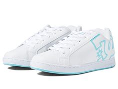 DC Court Graffik W - Women's Skate Shoes : White/White/Blue : A modern classic, the DC Court Graffik W casual shoes deliver with a clean silhouette and bold logo detail. Casual sneakers with heavy-duty suede, sturdy action nubuck, or soft and resilient action leather upper for abrasion-resistance and durability. Foam-padded tongue and collar for added comfort and support. Textile lining offers breathability. Internal elastic tongue holders for added foot stability. Rubber cupsole with iconic pil Streetwear Skate Shoes With Embossed Logo, Casual Skate Shoes For Streetwear, Casual Low-top Skate Shoes With Embossed Logo, Casual Lace-up Skate Shoes With Embossed Logo, Skate Shoes With Rubber Sole For Streetwear, Dc Court Graffik, Dc Sneakers, Dc Shoes Women, Es Shoes