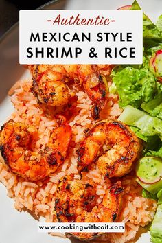 mexican style shrimp and rice on a plate with lettuce