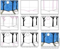 how to draw a winter scene with trees and moon in the sky step by step