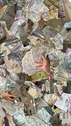 a collage of money is shown with hands reaching out to grab one from the other