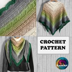 crochet shawl pattern with green, grey and white colors on it's sides