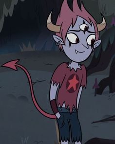 a cartoon character is standing in the dark with horns on his head and an evil look on his face