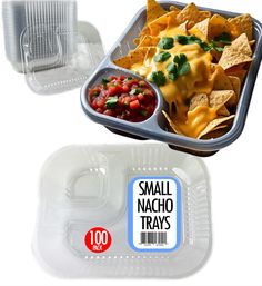 two plastic containers with nachos and chips in them