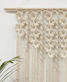 a close up of a macrame hanging on a wall with a plant next to it