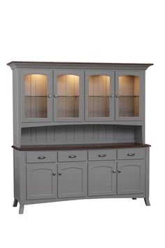 a gray china cabinet with glass doors and drawers on the top, in front of a white background