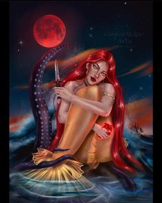 a painting of a mermaid holding a knife in her hand and sitting on the water