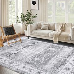 a living room with a couch, chair and rug on the floor in front of large windows