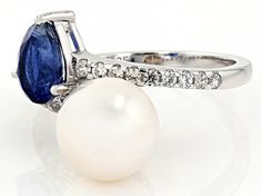 9.5-10mm White Cultured Freshwater Pearl, 1.06ct Kyanite & 0.32ctww White Zircon Rhodium Over Sterling Silver Ring. Measures approximately 11/16" L x 1/2" W and is not sizeable. Colors, shapes, and sizes may vary. Accent stones primarily zircon. Fresh Water, Freshwater Pearls, Sterling Silver Rings, Silver Rings, Sterling Silver, Stone, Silver, Color