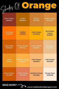 an orange color chart with the names of different colors and sizes in each one column