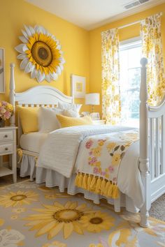 a bedroom with yellow walls and white bedding, sunflowers on the wall