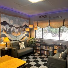 a living room filled with furniture and a painting on the wall above it's windows