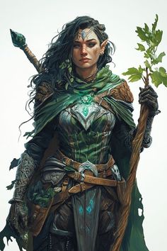 a woman dressed in armor and holding a green leafy plant with her right hand