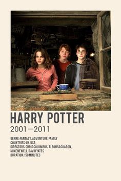 the poster for harry potter is shown in front of a window with three people looking out